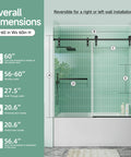 Frameless Bathtub Sliding Shower Door With Barn-Style Exposed Roller System, 56-60 Inch Width And 60 Inch Height, installed view.