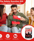 Family sitting on sofa with Pocket First Aid Guide For Everyday Carry EDC Waterproof Emergency Kit visible in foreground.