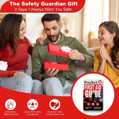 Family sitting on sofa with Pocket First Aid Guide For Everyday Carry EDC Waterproof Emergency Kit visible in foreground.