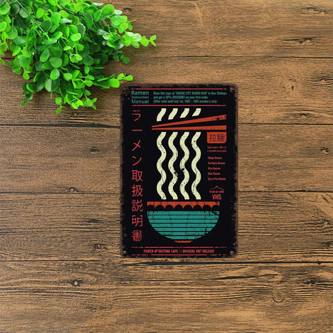 Vintage Metal Sign Ramen And VHS Theme For Home Office Garage Decor 8 By 12 Inch Tin Wall Art Poster on wooden background
