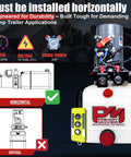 12V DC Double Acting 4 Quart Hydraulic Pump For Dump Trailer With Remote Controller Poly Reservoir Be Beefy Power Unit With Gravity Down And Power Down Modes featuring horizontal installation diagram and remote controller.