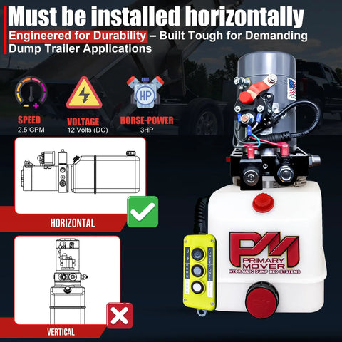 12V DC Double Acting 4 Quart Hydraulic Pump For Dump Trailer With Remote Controller Poly Reservoir Be Beefy Power Unit With Gravity Down And Power Down Modes featuring horizontal installation diagram and remote controller.