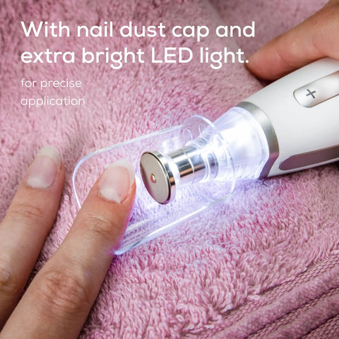 Top Shelf Portable Nail Drill Kit Electric File Machine With Ten Attachments And Ten Sanding Bands For Acrylic Gel Polish Home Manicure Pedicure Led Light Case with LED light on nail.