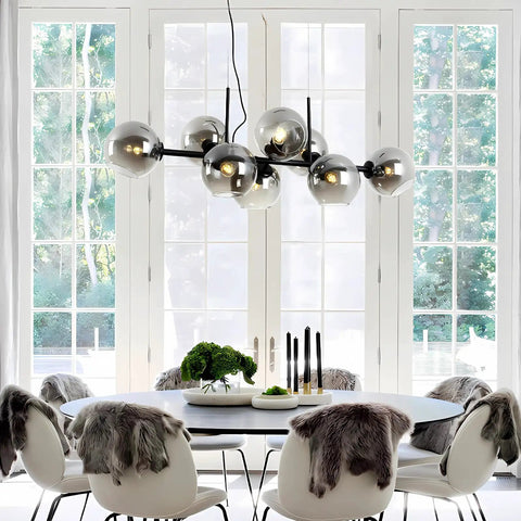 Black Glass Ball LED Pendant Light Transparent Globe Housing Decorative Hanging Fixture Chandelier Ceiling Light above dining table.