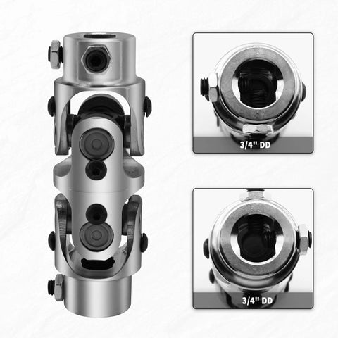 Heavy Duty Double U Joint Steering Shaft 3/4 Inch DD to 3/4 Inch DD Chrome Coated Universal Joint, 5 Inch Total Length, 35 Degree Working Angle, 4000 RPM Max, 40Cr Alloy Steel With Premium Needle Roller Support, 3/4 DD ends
