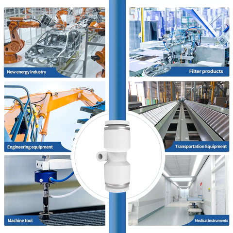 Collage showing applications in new energy, filter products, transportation, engineering, machinery, and medical tools.