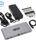Straight Up Rock Solid Thunderbolt 3 Docking Hub with power adapter and cables for dual monitor setup and quick charging.