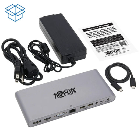Straight Up Rock Solid Thunderbolt 3 Docking Hub with power adapter and cables for dual monitor setup and quick charging.