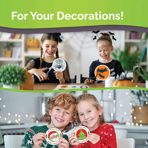 Printable vinyl sticker paper; kids cut Halloween spider and pumpkin stickers and show Christmas circular stickers