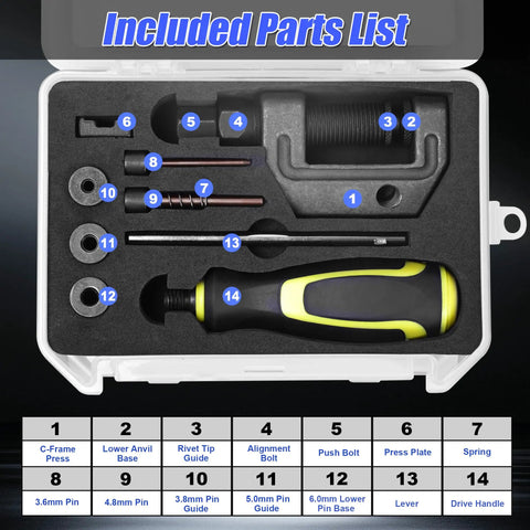 Pro Grade 14 Piece Heavy Duty Motorcycle Chain Breaker Tool Kit with Chain Cutter in case showing parts list