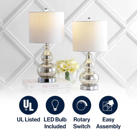 Set of Mercury Silver Glass Table Lamps With Slick Modern Gourd Look White Linen Shade Bedside Nightstand Light For Bedroom And Living Room LED Bulb Included ETL Listed, on white table with decor