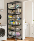 Ultra Sturdy 7 Tier Wire Shelving Unit With Basket Shelf And Wheels For Pantry Kitchen Or Office Storage Adjustable Shelves Waterproof And Rust Proof Metal Four Side Hooks For Ladles Towels And More 72 Inch Tall in laundry room with baskets