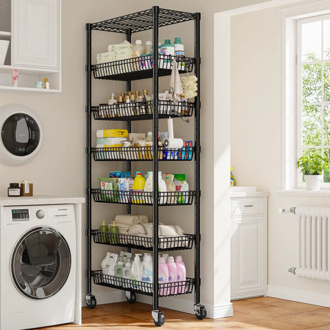 Ultra Sturdy 7 Tier Wire Shelving Unit With Basket Shelf And Wheels For Pantry Kitchen Or Office Storage Adjustable Shelves Waterproof And Rust Proof Metal Four Side Hooks For Ladles Towels And More 72 Inch Tall in laundry room with baskets