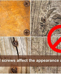 Collage showing exposed screws on wood surfaces with warning about appearance and use issues