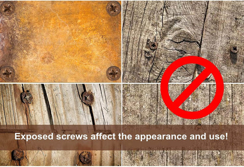 Collage showing exposed screws on wood surfaces with warning about appearance and use issues
