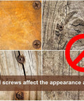 Top Shelf Pack Of Eight Premium Brass Decorative Screws With Snap Off Caps And Quick Drill Bit showing exposed screws on wooden surfaces.
