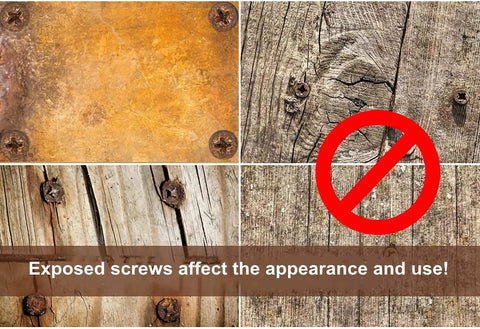 Image showing exposed screws on wood surfaces with a warning symbol, highlighting issues with appearance and usability.