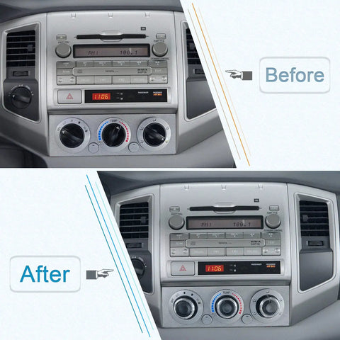 Before and after installation of Toyota Tacoma AC Knob Set Of 3 Replacement Buttons For Temperature And Fan Control Fits 2005 2015 Models SR SR5 TRD Pro Limited Off Road Easy No Tools Required