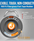 Fiberglass Fish Tape Rodder 100 Ft Non Conductive Cable Puller with handle and accessories, reel, and non-conductive tape