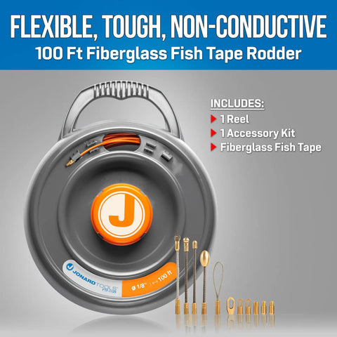 Fiberglass Fish Tape Rodder 100 Ft Non Conductive Cable Puller with handle and accessories, reel, and non-conductive tape