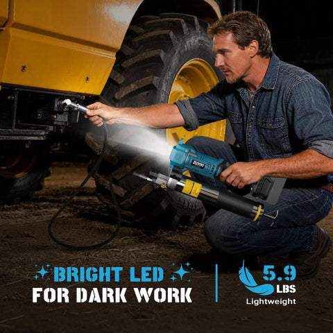 Man using Cordless 12000 PSI Electric Grease Gun With Brushless Motor, 39.4 Inch Hose, 90 Degree Swivel, LED Light on truck