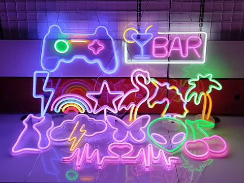 Colorful neon sign collection including Butterfly Neon Sign LED Light USB Or 3 AA Battery Powered Pink Neon Lamp For Table Decor.