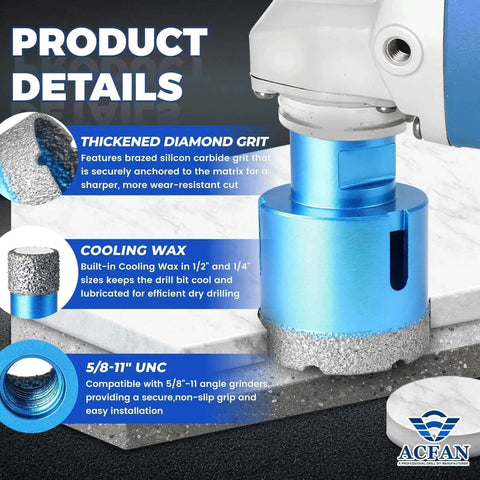 ACFAN Diamond Hole Saw Kit, 12-piece tile/stone set; 5/8-11 UNC, wet/dry use, cooling wax included