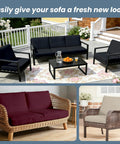 Various patio furniture with 4 Pack Stretchy Outdoor Cushion Covers For Patio Furniture, Washable, Reusable Protector, Black.