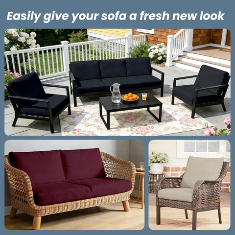 Various patio furniture with 4 Pack Stretchy Outdoor Cushion Covers For Patio Furniture, Washable, Reusable Protector, Black.