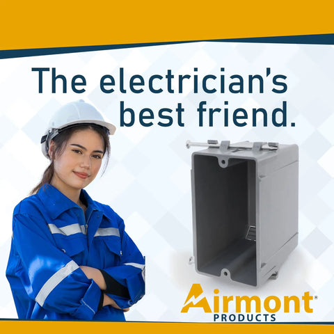 Grey Plastic Electrical Box 1-Gang New Work Junction Box With Captive Nails, 20 Cu In Capacity next to an electrician in blue uniform.