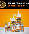 Assorted Gorilla Glue bottles for various uses in front of an orange background, including Crystal Clear All Purpose Glue For Wood Metal Stone Ceramic Foam Glass And More Water Resistant Non Foaming Liquid Adhesive For Quick Bonds On DIY Projects 1.75 Ounce Bottle.