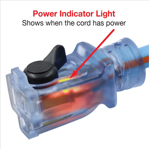 Lighted locking connector of Beefy Heavy Duty 25 Foot 12 Gauge Three Conductor SJEOW TPE Rubber Extension Cord with power indicator