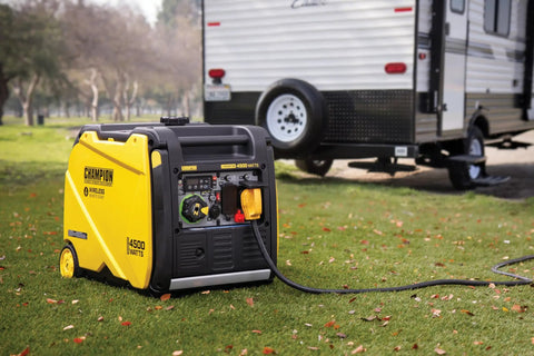 Portable 4500-Watt Inverter Generator With Wireless Remote Start And Quiet Technology beside an RV on grass