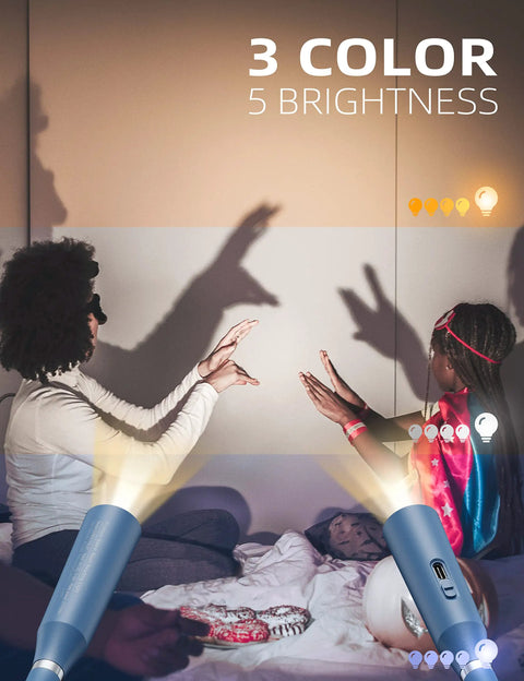 Neck Reading Light For Bedside Reading, Knitting, Crochet, And Camping, showing flexible arm, 3 color temps, 5 brightness levels.