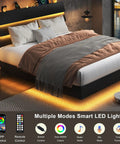Queen Size Floating Bed Frame With Ambient Led Lights And Fast Charge Port, Modern Wood Sleep Base With Hidden Storage Headboard, Heavy Duty Metal Slats, Straight Up Skip The Box Spring, Toss Together In Minutes, Matte Black with LED lights and plush bedding.
