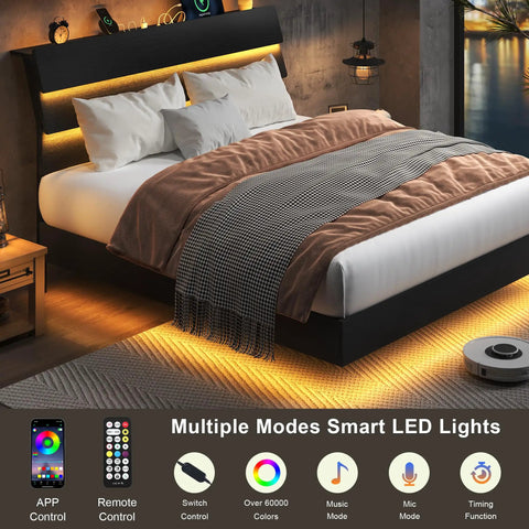 Queen Size Floating Bed Frame With Ambient Led Lights And Fast Charge Port, Modern Wood Sleep Base With Hidden Storage Headboard, Heavy Duty Metal Slats, Straight Up Skip The Box Spring, Toss Together In Minutes, Matte Black with LED lights and plush bedding.