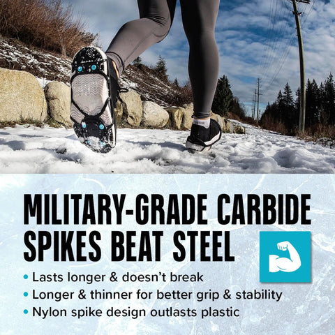 Runner wearing Everyday G3 Ice Cleats For Shoes And Boots With Traction Spikes on snowy path