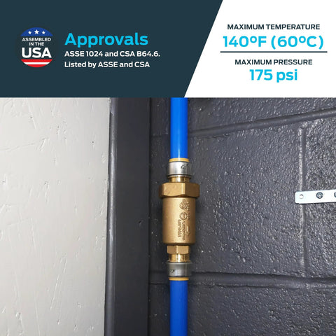 Cash Acme BF1 dual check valve, brass, 3/4 in push-to-connect on blue PEX line