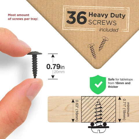 Hand holding a screw with size comparison for Under Desk Cable Tray Set Of Four Black Wire Organizer.
