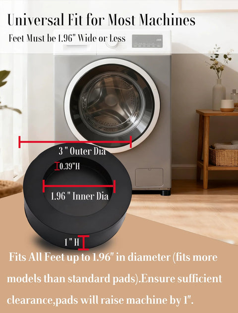 Front view of black rubber anti-vibration pad for washing machine feet; 4-pack universal fit.