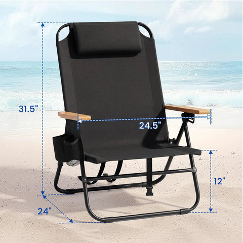 Black beach chair with wooden armrests, showing dimensions 31.5x24.5x24 inches, part of Two Pack Portable Beach Chairs For Adults