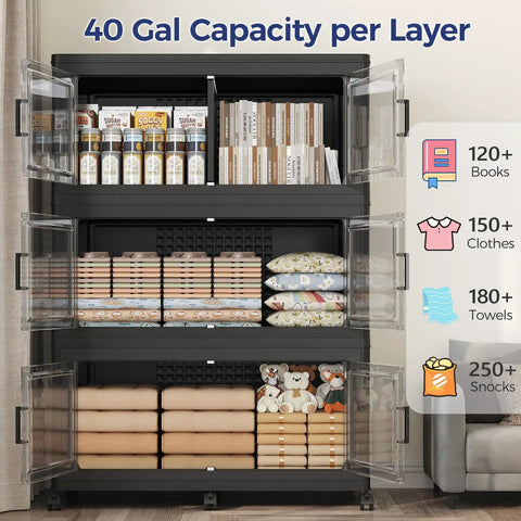 4 Tier Go To Stackable Storage Bins With Lids On Wheels 640 Qt Total Capacity Large Plastic Drawer Organizer in black