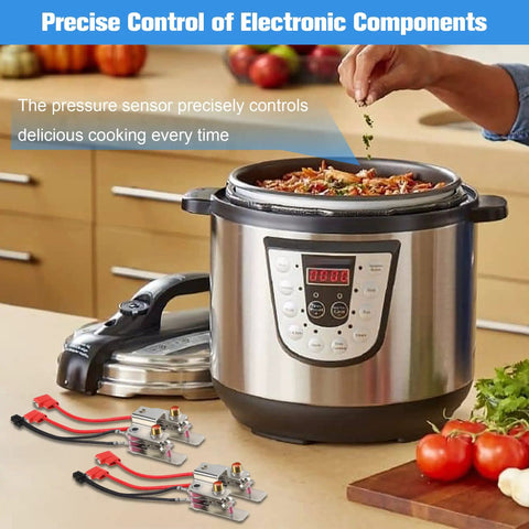 Two Pack Universal Pressure Sensor Replacement For Instant Pot Power Cooker Cuisinart Farberware Gourmia And Other Major Brands General Sensor Or Switch For Reliable Temperature And Pressure Control shown with an electric pressure cooker.