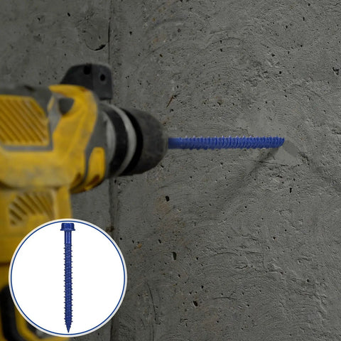Heavy Duty Blue Hex Head Concrete Screw Anchors PTFE Coated Carbon Steel 1/4 In X 2-3/4 In 200 Pc Bulk Pack drilled into concrete wall