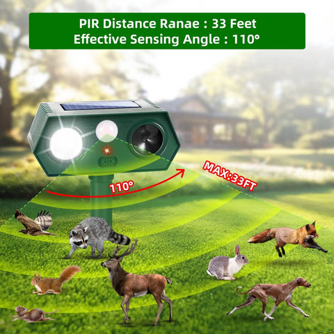 Solar Ultrasonic Animal Deterrent With Motion Sensor And LED Strobe Dual Action Critter Repeller in garden setting