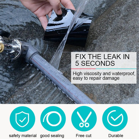 Hand applying Flexible Rubberized Waterproof Tape 4 Inch 5 Foot Patch And Seal For Leaks Works Underwater Like A Boss Indoor Outdoor Use Roof Plumbing Pool And RV Repairs Black on leaking pipe.