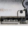 Close-up of the crimping and cutting mechanism of the No Sweat Heavy Duty Manual Steel Strapping Tool for bands.