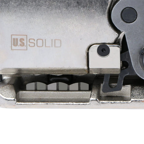 Close-up of the crimping and cutting mechanism of the No Sweat Heavy Duty Manual Steel Strapping Tool for bands.