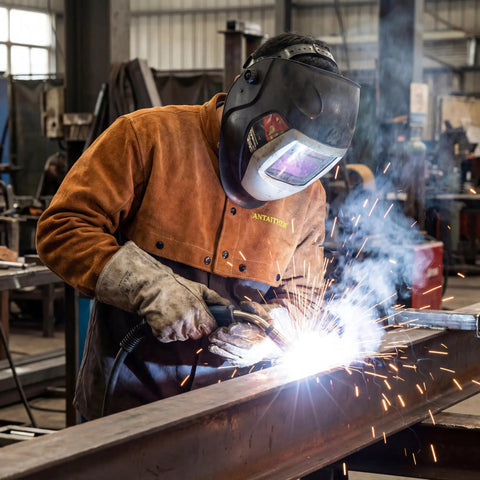 Rugged Full Grain Cowhide Welding Cape Sleeve With Kevlar Stitched Panels And Flame Resistant Barrier Against Flying Sparks And Hot Slag Shop Ready And Built To Go The Distance worn by welder creating sparks in workshop.