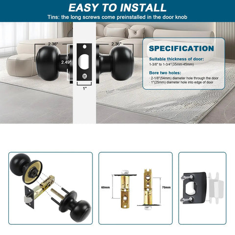 Diagram of Passage Door Knobs 3 Pack Dope Matte Black Interior Round Door Handles Non Locking for Hallways and Closets